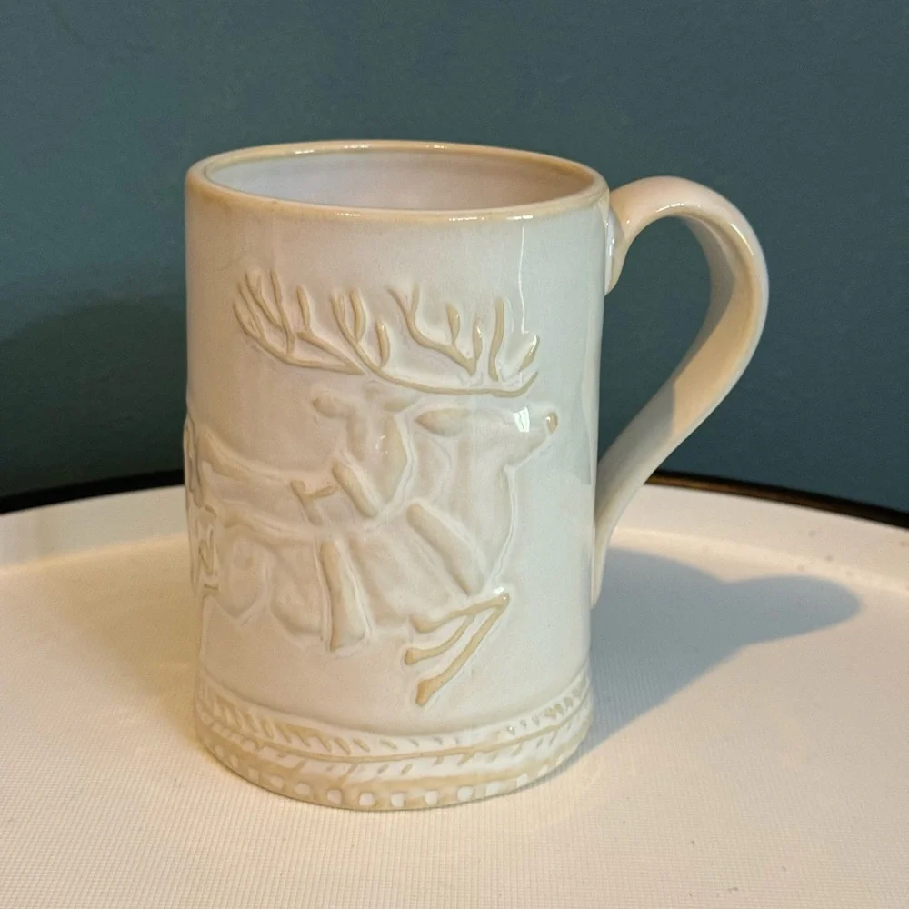 Williams Sonoma Winter Santa and Reindeer Sleigh Embossed Ivory Mug Christmas